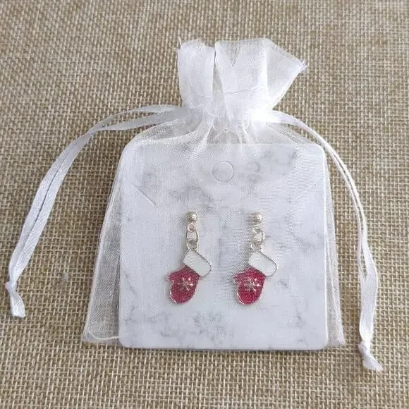 Holiday Earrings Christmas Mitten w/ Snowflake Studs Enamel Gold Plated - Picture 2 of 4